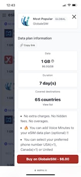 GlobaleSIM's Most popular 1GB plan_screenshot